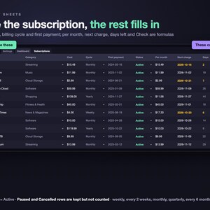 Subscription Tracker Spreadsheet, Recurring Bills & Free Trial Tracker with Renewal Dates and Monthly Cost, Dark Mode (Excel/Google Sheets) image 5