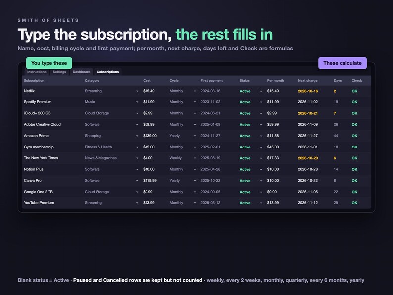Subscription Tracker Spreadsheet, Recurring Bills & Free Trial Tracker with Renewal Dates and Monthly Cost, Dark Mode (Excel/Google Sheets) image 5