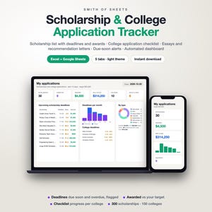 Puede incluir: Un rastreador digital de solicitudes de becas y universidades en la pantalla de una computadora portátil y un teléfono inteligente. La interfaz muestra gráficos de datos, listas de fechas límite, montos de becas y listas de verificación.