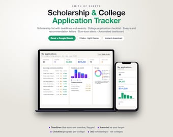 May include: A digital scholarship and college application tracker displayed on a laptop and smartphone screen. The interface features data visualisations, including bar charts and a pie chart, alongside lists of deadlines, award amounts, and application checklists.