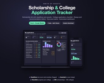 May include: A digital Scholarship & College Application Tracker dashboard displayed on a laptop and smartphone screen. The dark-themed interface features charts, lists, and metrics for tracking deadlines, awards, and application progress in Excel and Google Sheets.