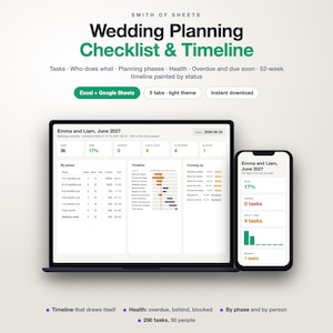 Peut inclure: Un modèle numérique de liste de contrôle et de calendrier pour la planification de mariage affiché sur un ordinateur portable et un smartphone. L'interface montre les statuts des tâches et les phases. Texte : Smith of Sheets, Wedding Planning Checklist & Timeline.