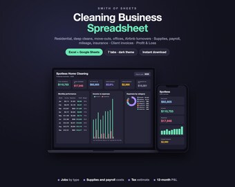 May include: A digital cleaning business spreadsheet template by Smith of Sheets, displayed on a laptop and smartphone screen. The dark-themed interface features financial dashboards, monthly performance charts, and expense tracking data.