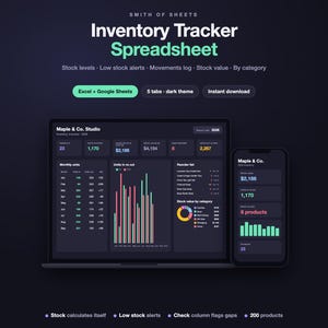 Op de afbeelding: Een voorraadbeheer spreadsheet sjabloon voor Excel en Google Sheets met een donker thema. De interface toont datadashboards op een laptop en smartphone, met grafieken, voorraadniveaus, waarschuwingen en productcategorieën.