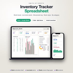 Inventory Tracker Spreadsheet, Stock Management with Low Stock Alerts, Product Inventory Log, Light Mode (Excel/Google Sheets)