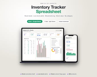 May include: An inventory tracker spreadsheet for Excel and Google Sheets by Smith of Sheets. The display shows a laptop and smartphone screen with data dashboards, including stock levels, low stock alerts, movement logs, and stock value charts.
