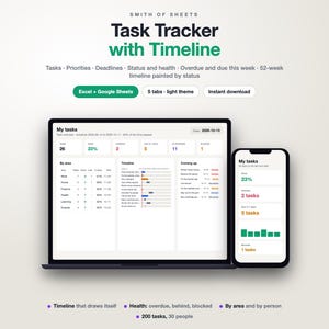 Peut inclure: Un modèle de suivi des tâches numérique affiché sur un écran d'ordinateur portable et de smartphone. L'interface présente des résumés de tâches, des indicateurs de statut et un calendrier. Texte : 'Smith of Sheets', 'Task Tracker with Timeline'.