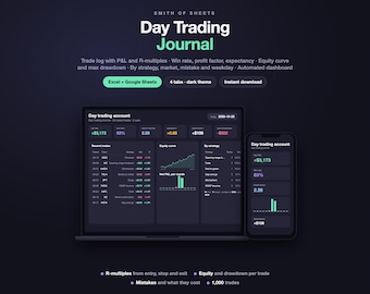 Day Trading Journal Spreadsheet, Day Trade Log & Tracker with Win Rate, Profit Factor and R-Multiples, Dark Mode (Excel/Google Sheets)