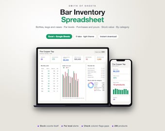 May include: A digital bar inventory spreadsheet template for Excel and Google Sheets titled Smith of Sheets. The interface displays data for The Copper Tap, including monthly units, stock value by category, and reorder lists on a laptop and phone.