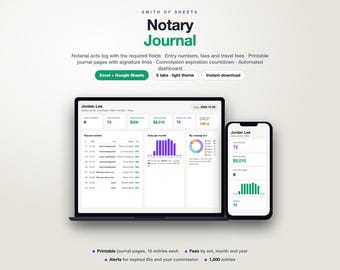 May include: A digital Notary Journal template by Smith of Sheets displayed on a laptop and smartphone screen. The interface features a dashboard with data visualisations, recent entries, and a commission expiration countdown in a light theme.