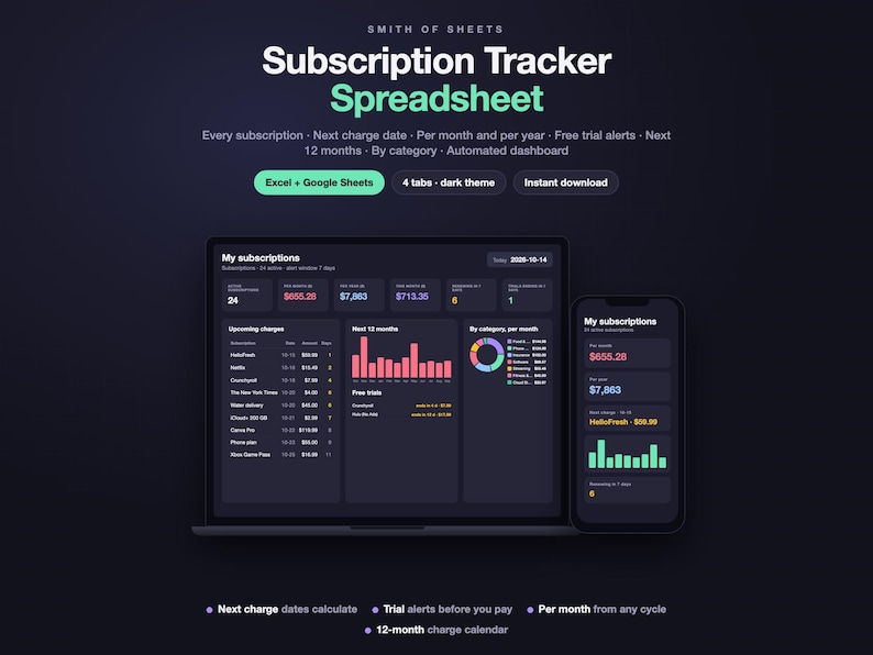 Subscription Tracker Spreadsheet, Recurring Bills & Free Trial Tracker with Renewal Dates and Monthly Cost, Dark Mode (Excel/Google Sheets) image 1