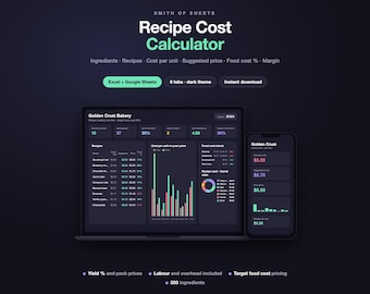 May include: A digital Recipe Cost Calculator template for Excel and Google Sheets displayed on a laptop and smartphone screen. The dark-themed interface features data tables, bar charts, and pie charts for tracking ingredients, recipes, and costs.