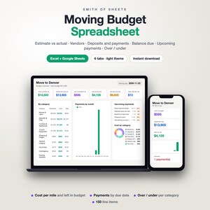 Moving Budget Spreadsheet, Relocation Expense Tracker with Movers, Deposits & Payment Checklist, Light Mode (Excel/Google Sheets)