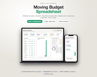 May include: A digital moving budget spreadsheet displayed on a laptop and smartphone screen. The interface features categories like Movers & Labor, Deposits, and upcoming payments. Text includes Smith of Sheets, Moving Budget Spreadsheet, and Move to Denver.