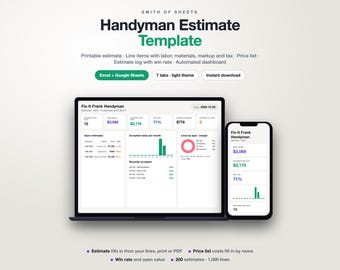 May include: A digital handyman estimate template by Smith of Sheets displayed on a laptop and smartphone screen. The interface shows Fix-It Frank Handyman data, including estimates, accepted values, win rates, and automated dashboards in a light theme.
