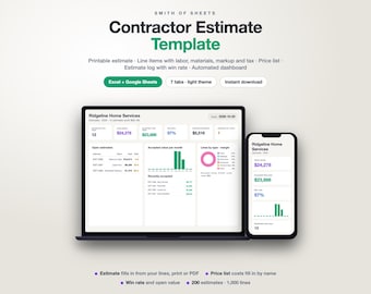 May include: A digital contractor estimate template by Smith of Sheets displayed on a laptop and smartphone screen. The interface features automated dashboards, open estimates, accepted value charts, and win rate metrics in a light theme layout.