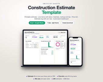 May include: A digital construction estimate template for Excel and Google Sheets, displayed on a laptop and smartphone screen. The interface shows business metrics, including open estimates, accepted values, and win rates for Summit Build Co.