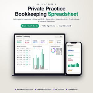 May include: A digital Private Practice Bookkeeping Spreadsheet displayed on a laptop and smartphone screen. The interface features financial data, monthly performance charts, income versus expense graphs, and an automated dashboard for Clearview Counseling.