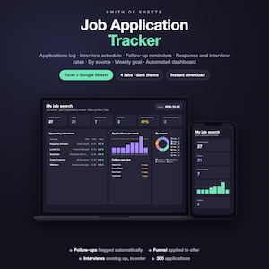 Puede incluir: Un panel de control digital para el seguimiento de solicitudes de empleo en una pantalla de portátil y smartphone. La interfaz en modo oscuro muestra visualizaciones de datos en morado, azul y verde, incluyendo gráficos de barras y circular.