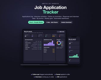 May include: A digital job application tracker dashboard displayed on a laptop and smartphone screen. The interface features dark mode with purple, blue, and green data visualisations, including bar charts, a pie chart, and numerical metrics.