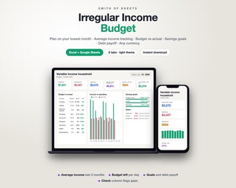 Irregular Income Budget Spreadsheet, Variable Income Budget Planner & Expense Tracker for Freelancers, Light Mode (Excel/Google Sheets)
