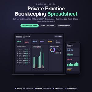 May include: A digital bookkeeping spreadsheet for private practices, featuring a dark theme with neon accents. The interface displays financial data, including monthly performance, income versus expenses, and category breakdowns on a laptop and smartphone screen.
