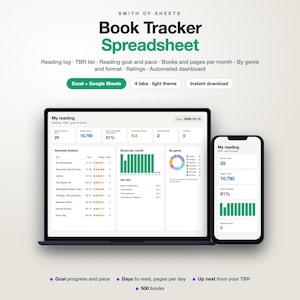 Puede incluir: Una hoja de cálculo digital para el seguimiento de libros mostrada en la pantalla de un portátil y un teléfono inteligente. La interfaz incluye registros de lectura, listas de libros pendientes, objetivos y paneles automatizados con gráficos.