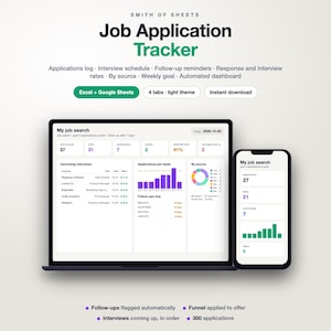 Peut inclure: Un modèle numérique de suivi de candidatures pour Excel et Google Sheets affiché sur un écran d'ordinateur portable et de smartphone. L'interface présente des statistiques de recherche d'emploi, des entretiens et des données.