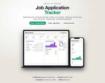 May include: A digital job application tracker template for Excel and Google Sheets displayed on a laptop and smartphone screen. The interface shows job search metrics, interview schedules, and application data with charts and lists.