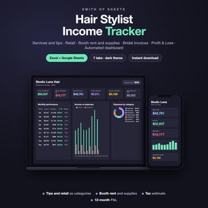 Hair Stylist Income Tracker Spreadsheet, Booth Renter Bookkeeping with Expenses, Tips & Profit and Loss, Dark Mode (Excel/Google Sheets)