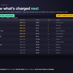 Subscription Tracker Spreadsheet, Recurring Bills & Free Trial Tracker with Renewal Dates and Monthly Cost, Dark Mode (Excel/Google Sheets) image 6