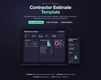 May include: A digital contractor estimate template by Smith of Sheets displayed on a laptop and smartphone screen. The dark-themed interface features automated dashboards, charts, and data tables for tracking labour, materials, and tax estimates.