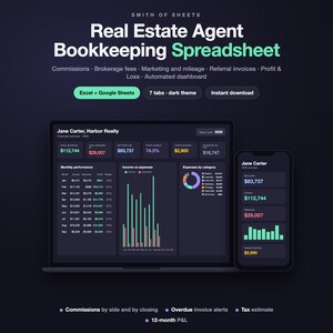 May include: A digital real estate agent bookkeeping spreadsheet template with a dark theme. The display shows financial data, including commissions, brokerage fees, and profit and loss, on a laptop screen and a smartphone screen with charts.