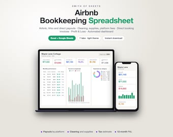 May include: A digital Airbnb bookkeeping spreadsheet displayed on a laptop and smartphone screen. The interface shows financial data for Maple Lane Cottage, including monthly performance charts, income versus expenses, and profit metrics.
