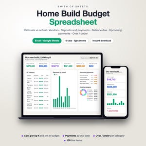 May include: A digital home build budget spreadsheet displayed on a laptop and smartphone screen. The interface features text including Smith of Sheets, Home Build Budget Spreadsheet, Excel + Google Sheets, and various financial data tables.