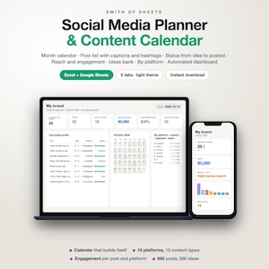 Peut inclure: Un modèle numérique de planificateur de réseaux sociaux et calendrier de contenu par Smith of Sheets affiché sur un écran d'ordinateur portable et de smartphone, incluant un tableau de bord automatisé, un calendrier et des statistiques.