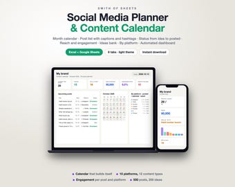 May include: A digital social media planner and content calendar template by Smith of Sheets displayed on a laptop and smartphone screen, featuring an automated dashboard, monthly calendar, post lists, and engagement tracking metrics.