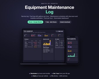 Equipment Maintenance Log Spreadsheet, Equipment Maintenance Tracker & Service Schedule by Engine Hours, Dark Mode (Excel/Google Sheets)
