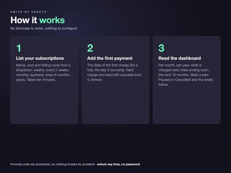 Subscription Tracker Spreadsheet, Recurring Bills & Free Trial Tracker with Renewal Dates and Monthly Cost, Dark Mode (Excel/Google Sheets) image 8