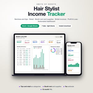 Könnte beinhalten: Ein digitaler Einkommenstracker für Friseure, dargestellt auf einem Laptop und einem Smartphone. Die Benutzeroberfläche zeigt Finanzdaten wie monatliche Leistung, Einnahmen, Ausgaben sowie Gewinn- und Verlustrechnungen für Studio Luna Hair.