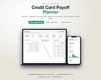 May include: A digital Credit Card Payoff Planner by Smith of Sheets displayed on a laptop and smartphone. The interface features debt tracking tables, a balance chart, and payoff strategy options like Snowball and Avalanche in a light theme.