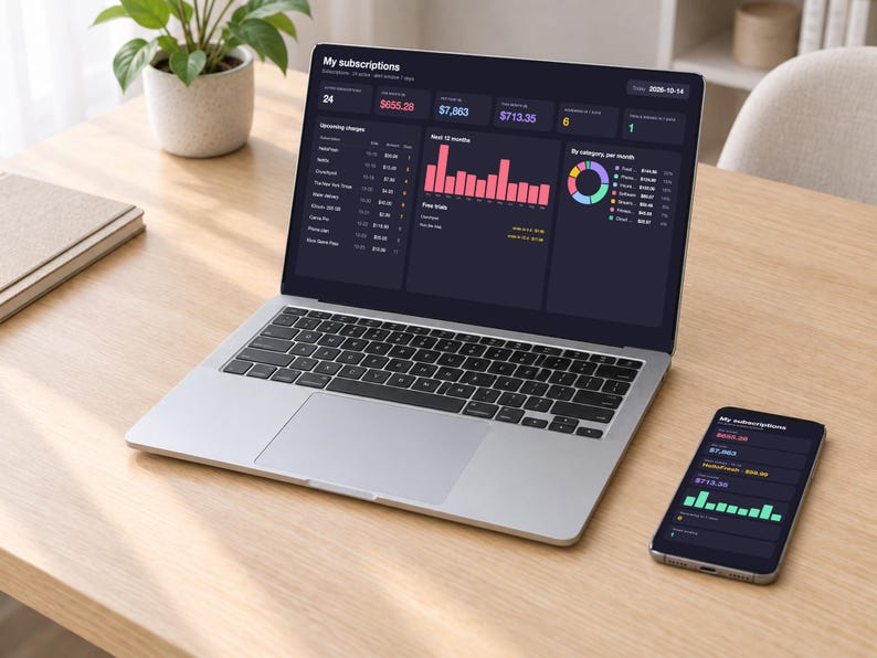 Subscription Tracker Spreadsheet, Recurring Bills & Free Trial Tracker with Renewal Dates and Monthly Cost, Dark Mode (Excel/Google Sheets) image 2