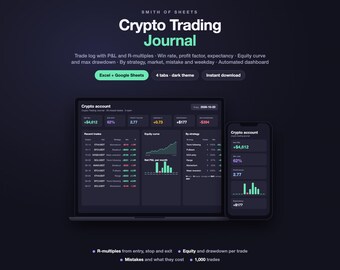 Crypto Trading Journal Spreadsheet, Trade Log & Tracker with Win Rate, Profit Factor and R-Multiples, Dark Mode (Excel/Google Sheets)