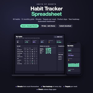 Peut inclure: Un tableur de suivi des habitudes affiché sur l'écran d'un ordinateur portable et d'un smartphone. L'interface sombre présente le texte Smith of Sheets, Habit Tracker Spreadsheet, 20 habits, 12 monthly grids, streaks, targets per week et automated dashboard.