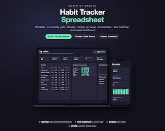 May include: A digital habit tracker spreadsheet displayed on a laptop and smartphone screen. The dark-themed interface features text including Smith of Sheets, Habit Tracker Spreadsheet, 20 habits, 12 monthly grids, streaks, targets per week, and automated dashboard.