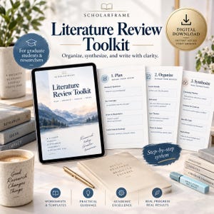 May include: A digital Literature Review Toolkit featuring a tablet displaying a mountain landscape cover, alongside printed worksheets labeled Plan, Organize, and Synthesize. Includes a gold pen, a notebook, and a mug with text Good Research Changes Things.