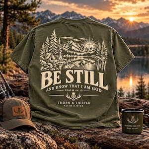 May include: An olive green t-shirt featuring a white graphic of a mountain landscape, a tent, a campfire, and a cross. The text reads BE STILL AND KNOW THAT I AM GOD PSALM 46:10 THORN & THISTLE FAITH & WILD. An olive cap and a matching mug are nearby.