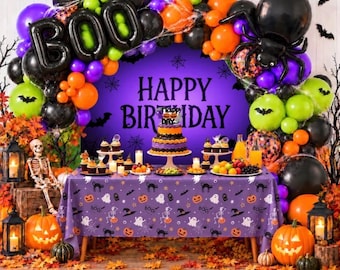 115 delar Halloween-ballongbåge, 2D-platta banderoller, spöken, pumpor och bordsduk