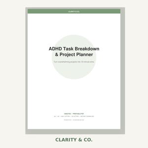 Peut inclure: Une page de planificateur numérique blanche intitulée ADHD Task Breakdown & Project Planner avec un fond circulaire vert clair. Le texte indique Turn overwhelming projects into 10-minute wins. Inclut les formats A4, A5, Half Letter et US Letter.