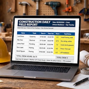 May include: A laptop displaying a Construction Daily Field Report with a table of crew names, trades, and hours worked. The screen shows the date 20/02/2024, the project site as Kitchen Remodel, and a total of 36.75 crew hours for five workers.